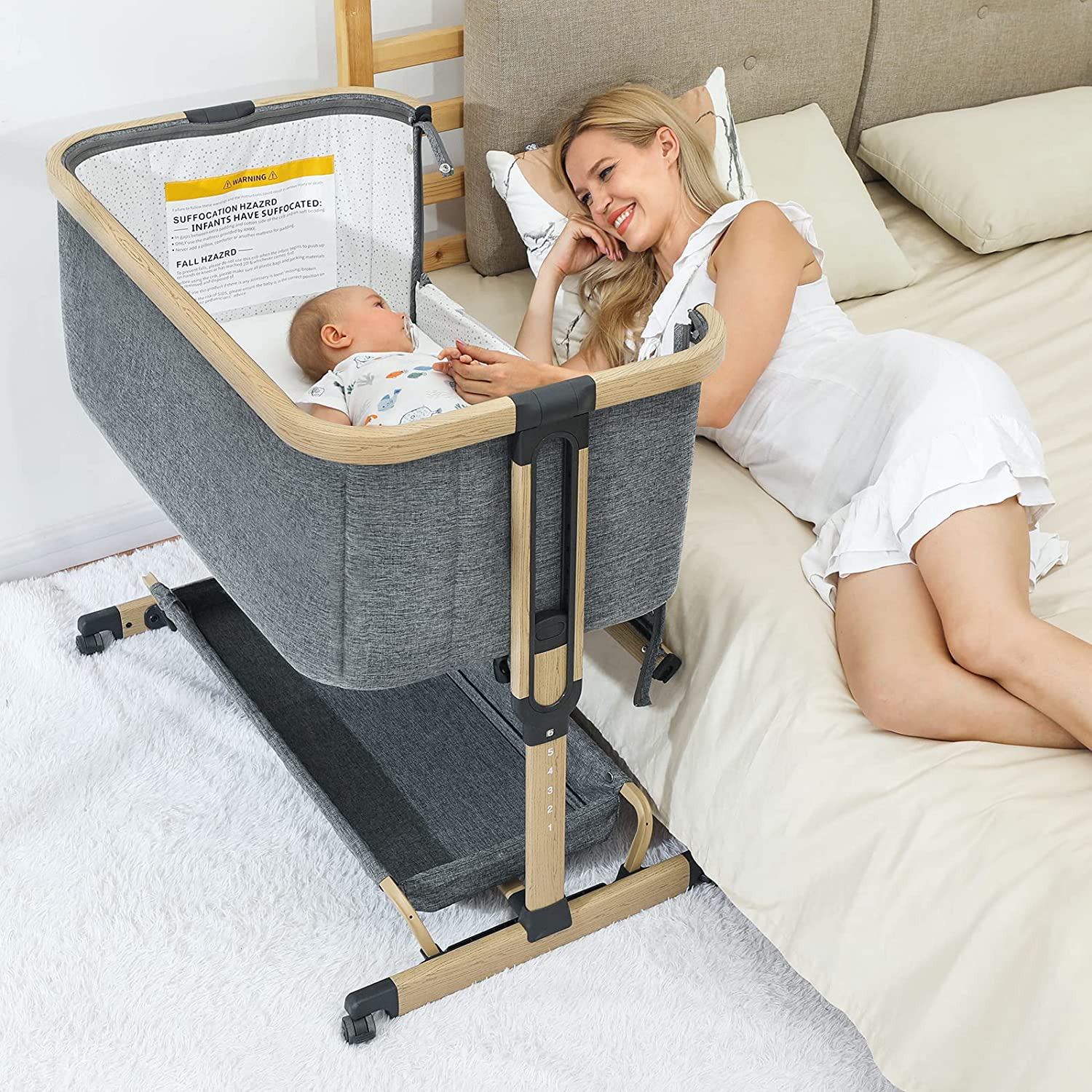 AMKE 3 in 1 Baby Bassinets Grey Wood Grain 30% Off Now At $167.99