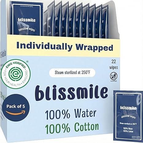 100% Water & Cotton Wet Wipes Travel Size - Individually Wrapped - Fragrance & Preservative-Free for Baby, Women & Sensitive Skin - Gentle Hand, Face, Body & Feminine Care - 110 Count