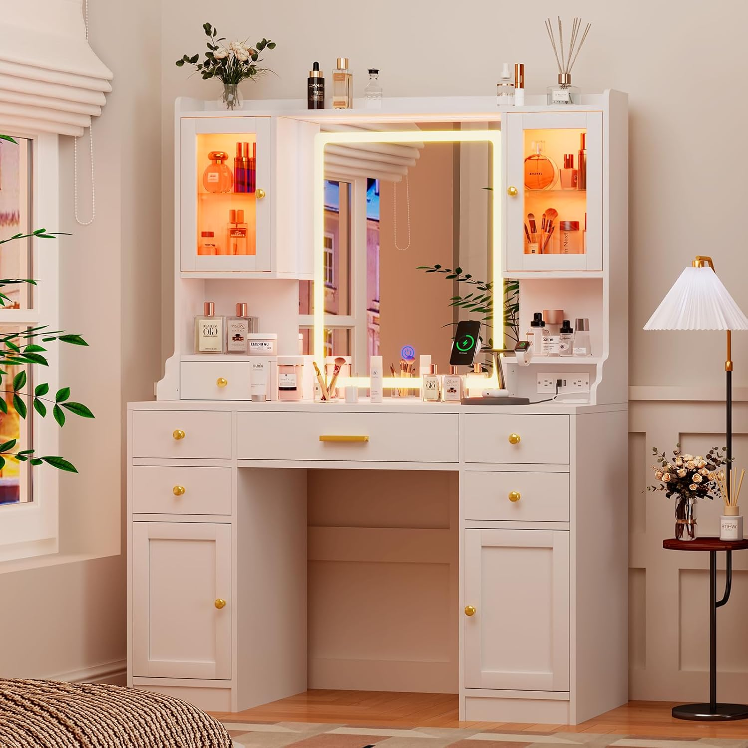 CSZZD White Vanity Desk with Mirror and Lights