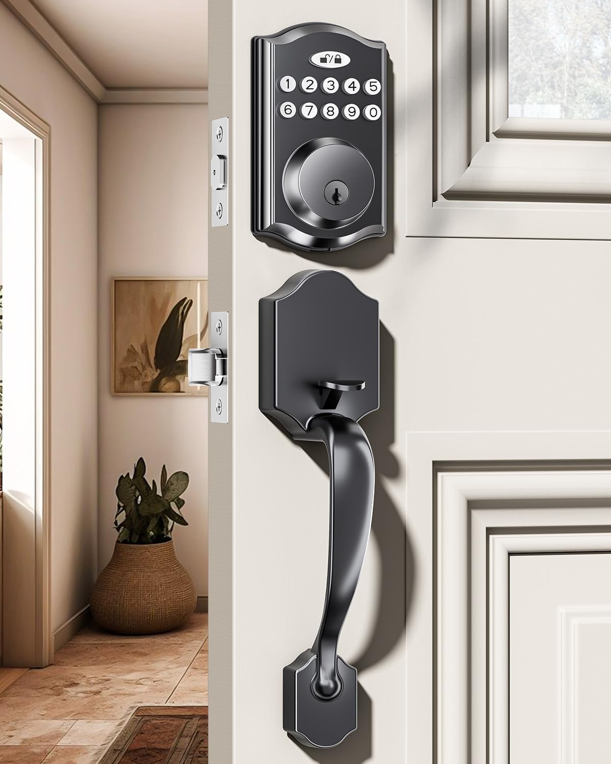 Door Lock with 2 Lever Handles - Keyless Entry Door Lock, Electronic Keypad Deadbolt, Digital Smart Code & Front Handle Sets, Auto-Locking, Easy Installation (Matte Black)