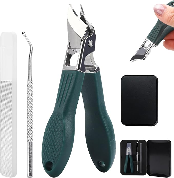 Eagle Beak Nail Clippers for Ingrown & Thick Nails – Beveled/Slanted/Angled Blades, Long Handle Wide Jaw, Anti-Splash Ultra Sharp Stainless Steel Edge 3-Piece Set for Men/Women (Green)