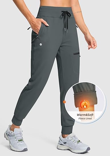 G Gradual Women's Fleece Lined Joggers Hiking Pants 4 Zipper Pockets High Waisted Water Resistant Winter Running Sweatpants