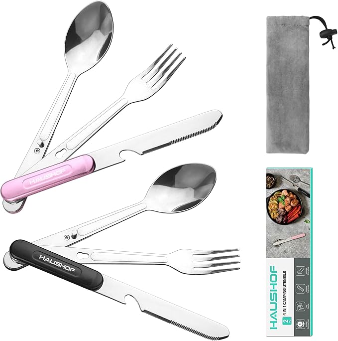 HAUSHOF 2-Pack 4-in-1 Camping Utensils