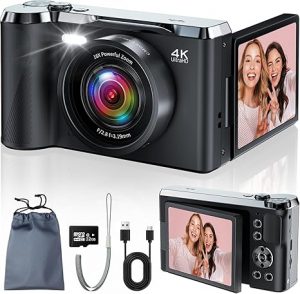 JDZ 4K Digital Camera for Photography and Video, 56MP Autofocus Vlogging Camera for YouTube, 3'' 180° Flip Screen, 16X Zoom, Flash, Compact Travel Camera with 32GB Card for Beginners