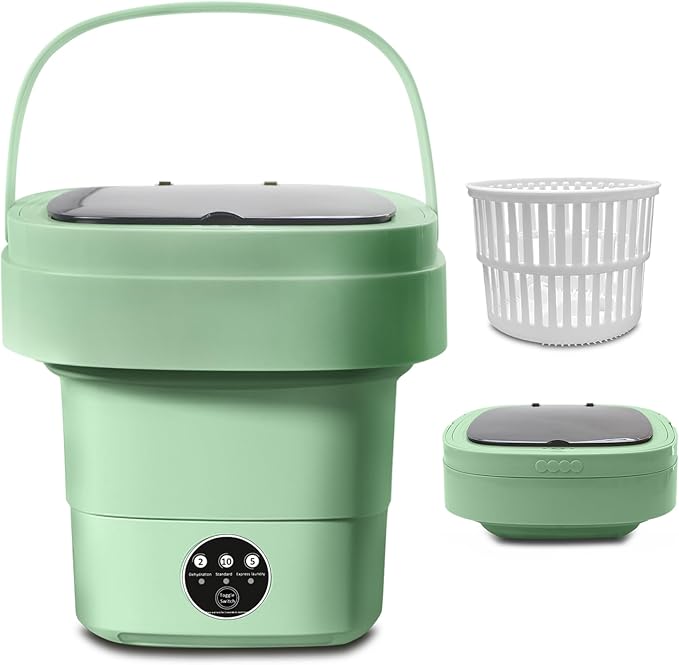 Portable Washing Machine, Foldable Personal Washer w/Integrated Drain Pipe and Spin Basket for Light Clothes, 3 Cleaning Modes, Blue Light Collapsible Laundry for Travel, Apartment, RV, Baby Clothes