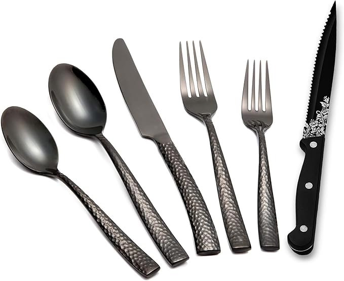 Runfly 48-Piece Black Hammered Silverware Set for 8