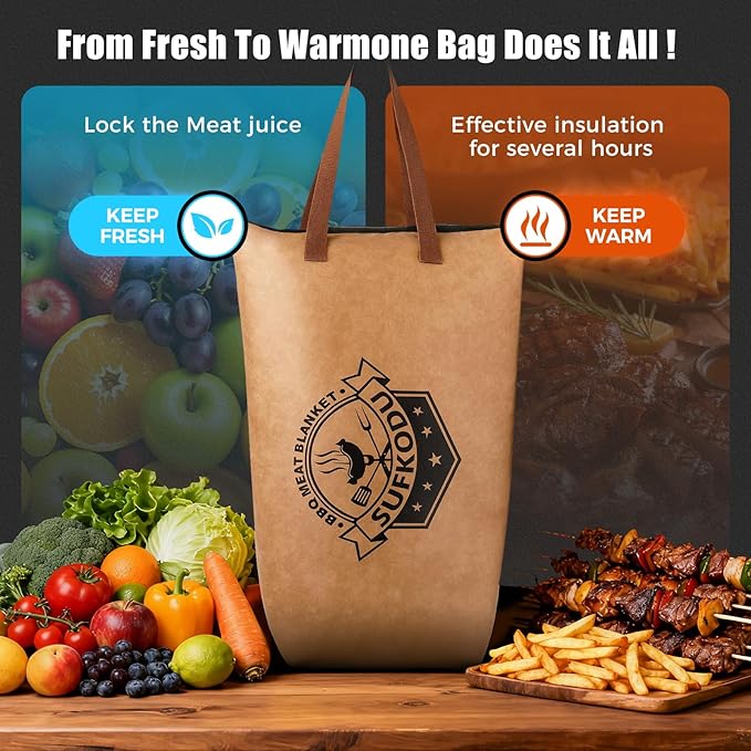 Sufkodu 21in Insulated BBQ Blanket for Resting Meat, Heavy-Duty Meat Resting Bag with Wide Mouth for Briskets, Pork, Turkey, Moisture Retention - Smoker Accessories, BBQ Gifts for Men