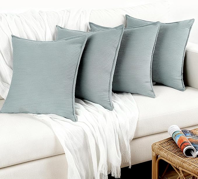 Throw Pillow Covers Corduroy Pillowcase Set of 4, No Inserts| Thick Fall Autumn Winter Decorative Soft Couch Shams Square Pillow Cases for Sofa Bed Living Room(Grayish Green, 24"x24")