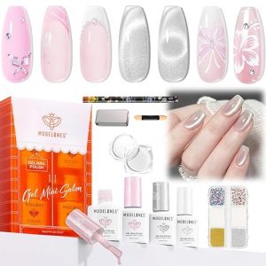 modelones Silver Cat Eye Gel Nail Polish Kit Jelly Pink White Sheer Nude French Gel Polish Set, Magnet Tools Pearl Chrome Powder Flatback Rhinestones Pearls, 4 Colors Gel Mini Salon Gift for Women
