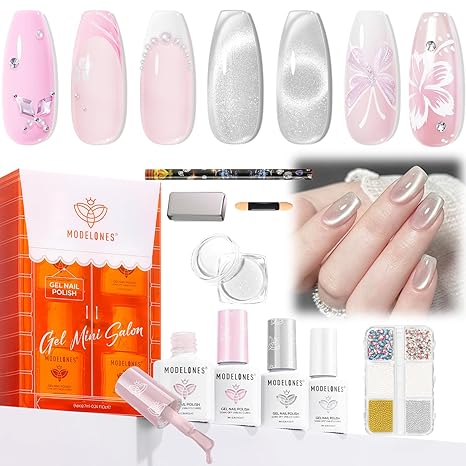 modelones Silver Cat Eye Gel Nail Polish Kit Jelly Pink White Sheer Nude French Gel Polish Set, Magnet Tools Pearl Chrome Powder Flatback Rhinestones Pearls, 4 Colors Gel Mini Salon Gift for Women