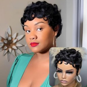 showreal Pixie Cut Wigs Human Hair for Black Women Short Pixie Cut Wigs 100% Real Human Hair Lightweight Glueless Natural Black Layered Pixie Wig(025-1B)