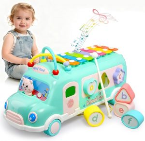 5-in-1 Baby Bus Xylophone Toys for 1 Year Old Girl Gifts, Montessori Baby Musical Bus Toys for Toddler 1-3, Shape Sort Educational Early Learning Toy 1st First Birthday Gifts for Girls Boys