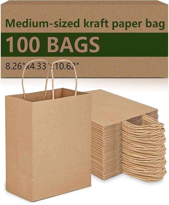 Amazingcraft Gift Bags 8x4.25x10.5 100Pcs Brown Paper Bags with Handles Bulk for Wedding, Party Favor, Grocery, Shopping, Retail, Merchandise Medium Kraft Paper Sacks