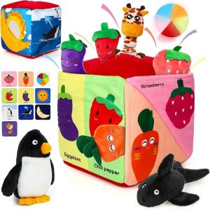 Baby Box Toy - Baby Toys 6-12 Months Montessori Toys for 6 Month Old with Animals, Fruits, Balls, Squeaky Sounds, Plush Rings, Gifts for Babies (Multicolored)