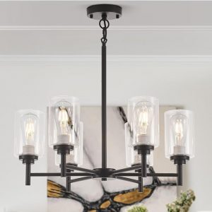 Black Chandeliers for Dining Room,6 Lights Modern Farmhouse Chandelier with Clear Glass Shade,Industrial Hanging Light Fixture for Kitchen Island Bathroom Living Room Bedroom Foyer Entryway
