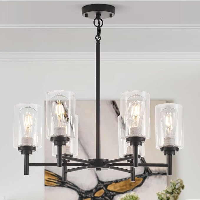 Black Chandeliers for Dining Room,6 Lights Modern Farmhouse Chandelier with Clear Glass Shade,Industrial Hanging Light Fixture for Kitchen Island Bathroom Living Room Bedroom Foyer Entryway