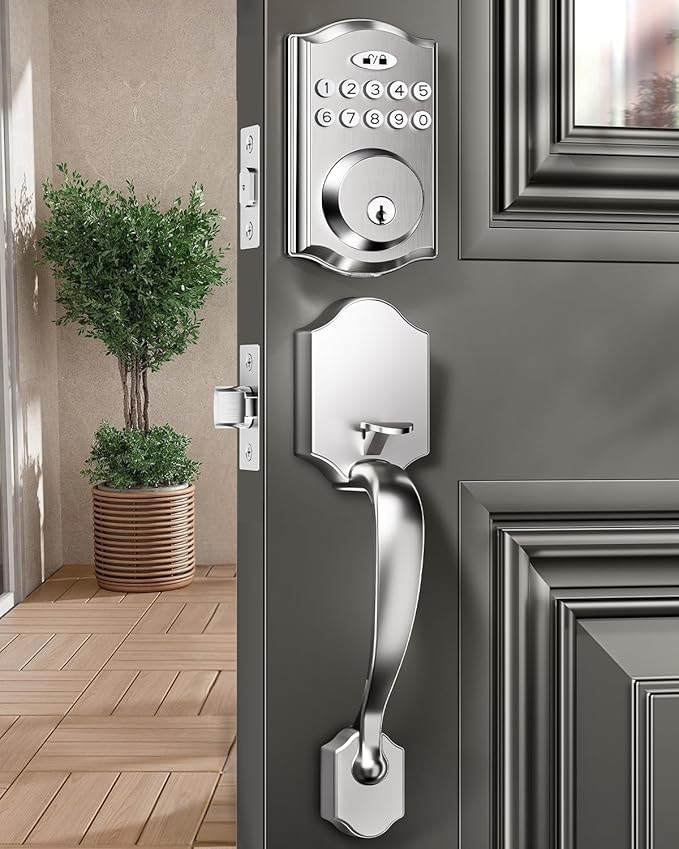 Door Lock with 2 Lever Handles - Keyless Entry Door Lock, Electronic Keypad Deadbolt, Digital Smart Code & Front Handle Sets, Auto-Locking, Easy Installation (Satin Nickel)