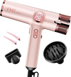 FMZ Professional Hair Blow Dryer with Smart Display, 1875W High Speed BLDC Motor for Fast Drying, Portable Mini Lightweight Quiet, Pink Curly Ionic Diffuser HairDryer for Women Girls Teen Salon Travel