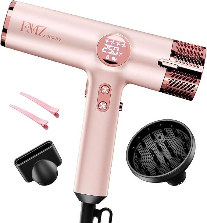 FMZ Professional Hair Blow Dryer with Smart Display, 1875W High Speed BLDC Motor for Fast Drying, Portable Mini Lightweight Quiet, Pink Curly Ionic Diffuser HairDryer for Women Girls Teen Salon Travel