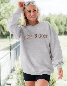 MAPICK Womens Oversized Christian Sweatshirts Fleece Crewneck Sweaters Embroidered GOD IS GOOD Casual Pullover Tops