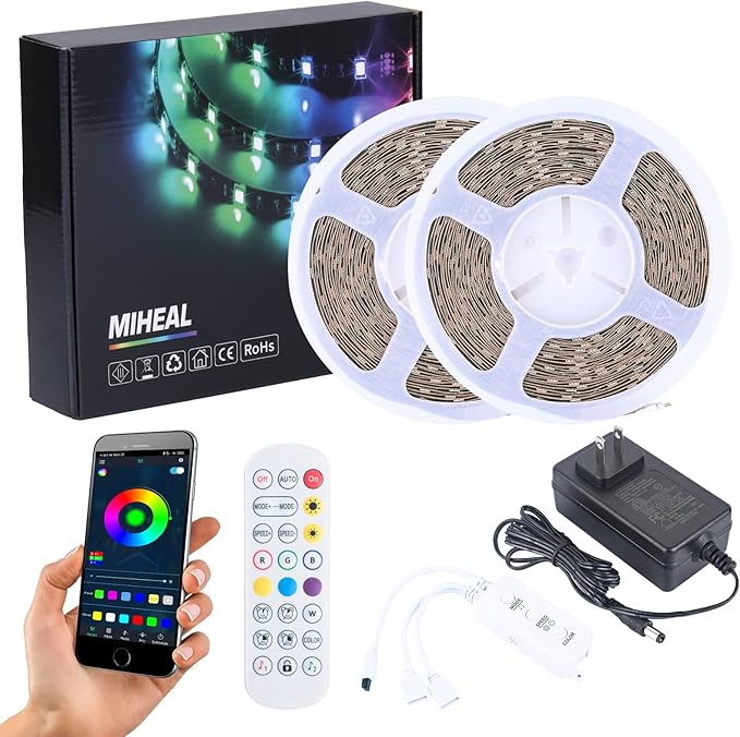 MIHEAL Led Strip Lights Bluetooth - 65.6Ft RGB 5050 Led Music Sync Color Changing Lights, App Controlled - for Bedroom, Party, Kitchen Decoration