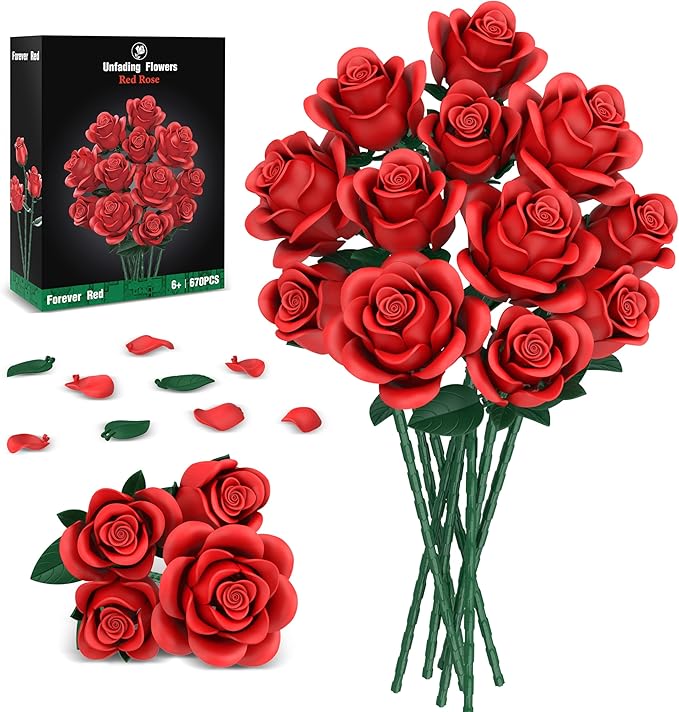 Red Roses Flower Bouquet Building Sets, 670Pcs Artificial Flowers Building Blocks Compatible with Lego Flowers Valentines Day Gifts for Her/Mom/Girlfriend/Wife/Couple Romantic Table Home Decor